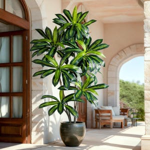 6-Foot Artificial Ficus Tree, Realistic Double-Layer Silk Leaves, Natural Bark Trunk, White Planter Pot