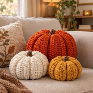 May include: Three round, crocheted pumpkin-shaped cushions in orange, cream, and mustard yellow. Each pumpkin features a ribbed texture and a small, dark brown crocheted stem at the top. The cushions are arranged together on a light-coloured sofa.