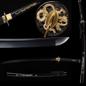 May include: A black katana sword featuring a gold dragon motif on the scabbard and a detailed gold dragon tsuba. The blade is polished steel with a curved edge. The handle is wrapped in black cord with gold accents, and the scabbard includes a black cord.