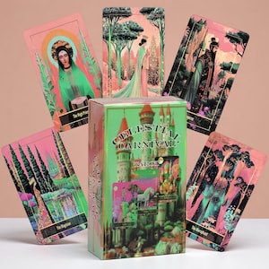 May include: A Celestial Carnival tarot deck box featuring a castle illustration, surrounded by five tarot cards displaying colourful, detailed character and landscape artwork. The cards are titled The High Priestess, The Magician, and The Hierophant.