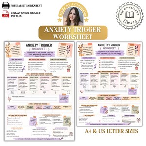 May include: A printable anxiety trigger worksheet featuring sections to identify triggers, explore reactions, and create coping plans. The document includes checklists for physical sensations, thoughts, and lifestyle factors, with floral accents and text.