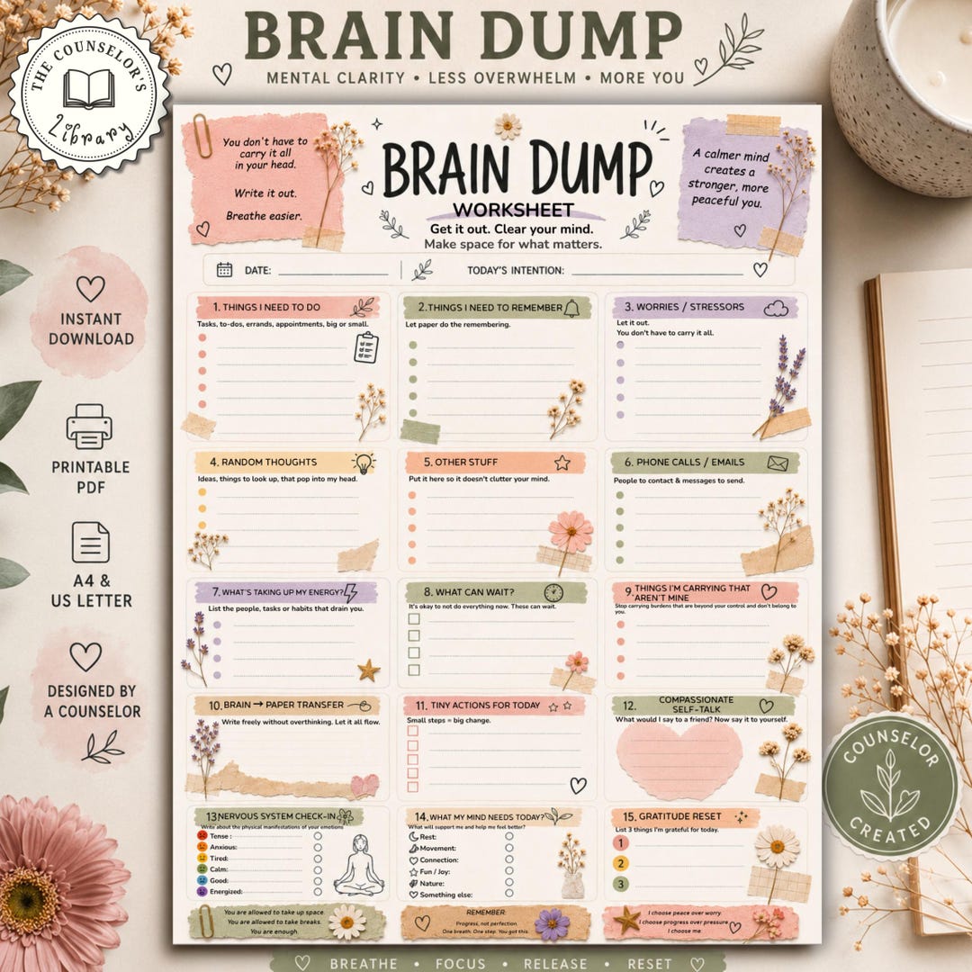Brain Dump Worksheet Printable: ADHD Mental Clutter Reset, Overwhelm ...