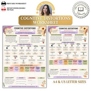 May include: A printable cognitive distortions worksheet featuring sections on common thinking patterns, a practice challenge table, therapeutic reminders, and reflection prompts. The document includes floral illustrations and is available in A4 and US letter sizes.