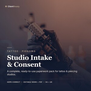 Tattoo Consent Form Bundle, Piercing Studio Intake & GDPR Templates, Editable Age Verification, Aftercare, Photo Release Forms, EU Studios
