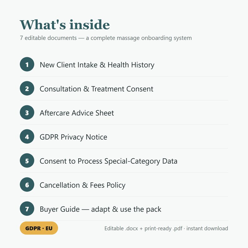 May include: A digital document list titled What's inside, featuring 7 editable files for a massage onboarding system: New Client Intake & Health History, Consultation & Treatment Consent, Aftercare Advice Sheet, GDPR Privacy Notice, Consent to Process Special-Category Data, Cancellation & Fees Policy, and a Buyer Guide.