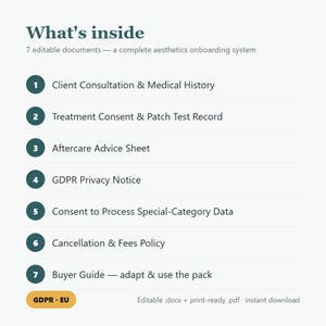May include: A digital document list titled What's inside, featuring 7 editable files: Client Consultation & Medical History, Treatment Consent & Patch Test Record, Aftercare Advice Sheet, GDPR Privacy Notice, Consent to Process Special-Category Data, Cancellation & Fees Policy, and Buyer Guide.