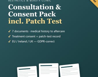 Ästhetik-Beratungsformular & Zustimmung zur Behandlung, Patch-Test-Aufzeichnung, DS-GVO Anamsel, Nachsorge, bearbeitbare Kosmetikvorlagen EU