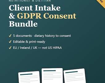 Intake & Consent Forms für Ernährungswissenschaftler (DSGVO), Dietitian Intake Pack, bearbeitbare Ernährungsberatungsformulare EU Irland UK