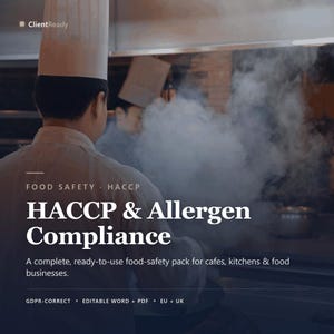 Modello di piano di sicurezza alimentare HACCP, matrice degli allergeni UE 14 e registri di cucina, modificabile per panifici casalinghi, ristoratori, food truck, caffè, Irlanda e Regno Unito.