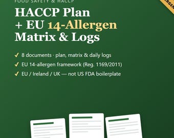 HACCP-Lebensmittelsicherheitsplan-Vorlage, EU 14 Allergen-Matrix & Küchenlogs, bearbeitbar für Home Bakers Caterers Food Trucks Cafes Irland UK