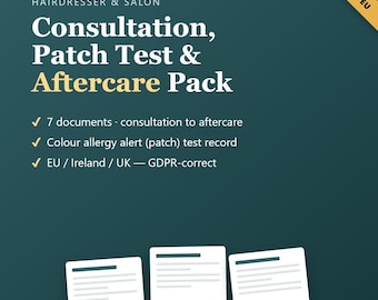 Friseur-Kunden-Beratungsformular, Farballergie-Patch-Testdatensatz + Zustimmung, DS-GVO-Salonformulare, bearbeitbare Friseurvorlagen EU