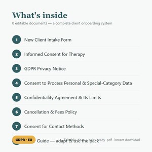 May include: A digital document list titled What's inside, featuring 8 editable files: New Client Intake Form, Informed Consent for Therapy, GDPR Privacy Notice, Consent to Process Personal & Special-Category Data, Confidentiality Agreement & Its Limits, Cancellation & Fees Policy, Consent for Contact Methods, and a GDPR EU Guide.