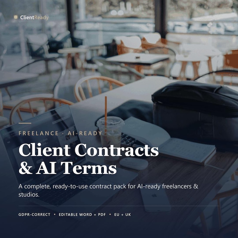 Pu&ograve; includere: Un prodotto digitale intitolato ClientReady Client Contracts & AI Terms, che mostra un portatile, un taccuino e una bevanda su un tavolo. Il testo recita: Freelance AI-Ready, Client Contracts & AI Terms, A complete, ready-to-use contract pack.