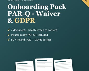 Personal Trainer Klient Onboarding-Formulare, PAR-Q-Gesundheitsfragebogen, Haftungsverzicht und EU-DSGVO-Zustimmung, bearbeitbare Coach Intake-Vorlagen EU