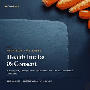 Intake & Consent Forms für Ernährungswissenschaftler (DSGVO), Dietitian Intake Pack, bearbeitbare Ernährungsberatungsformulare EU Irland UK