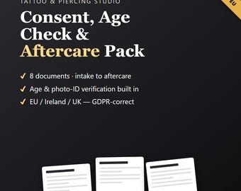Tattoo Consent Form Bundle, Piercing Studio Intake & GOGO Vorlagen, bearbeitbare Altersüberprüfung, Nachsorge, Foto-Release-Formulare, EU Studios