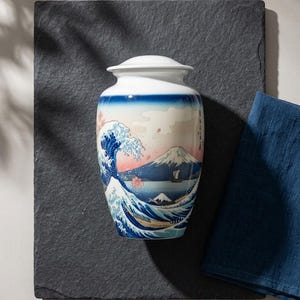 Japanese Wave Ceramic Cremation Urn with Mount Fuji Memorial Ashes Keepsake Adult Urn