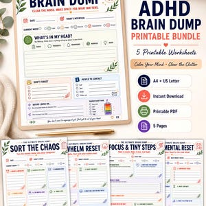 Bundel met werkbladen voor ADHD-overweldiging, brainstormsessie, focusplanner en printables voor executieve functies, inclusief een pdf van 5 pagina's voor mentale reset.