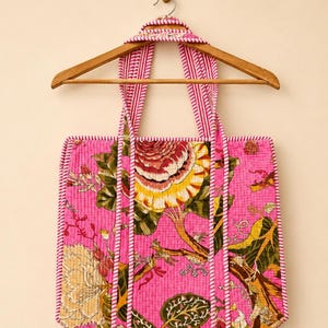 Pink Floral Quilted Tote Bag, Handmade Cotton Shoulder Bag, Botanical Statement Handbag,gift for her