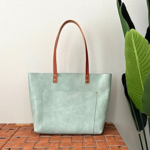 Pale Green Italian Leather Tote Bag