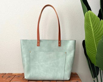 Pale Green Italian Leather Tote Bag