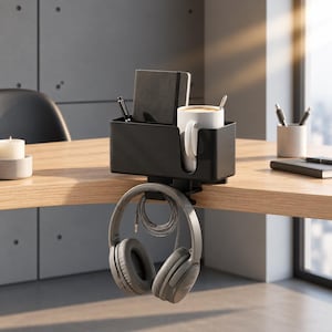 May include: A black desk organiser with a clamp mount that attaches to the edge of a table. The organiser features a top compartment holding a black notebook, a pen, and a white mug, while a hook underneath supports a pair of grey headphones.