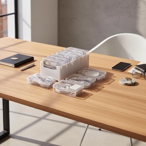 Op de afbeelding: Een witte rechthoekige opbergbak met meerdere doorzichtige plastic doosjes, elk gevuld met witte oplaadkabels en stroomadapters. Drie extra doorzichtige plastic doosjes met kabels en adapters staan voor de opbergbak opgesteld.