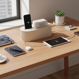 May include: An off-white, oval-shaped cable management box with a ribbed exterior texture. The top surface features slots for a smartphone and a small white speaker. A tablet is connected via a white charging cable, and a white earbud case sits nearby.