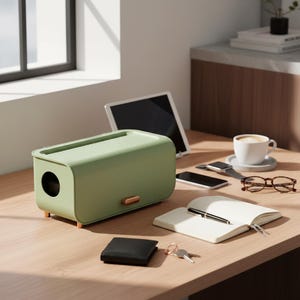 May include: A sage green rectangular storage box with rounded corners, a ribbed top surface, and a small copper-coloured handle on the front. The box features a circular side opening and is supported by four small, matching copper-coloured feet.