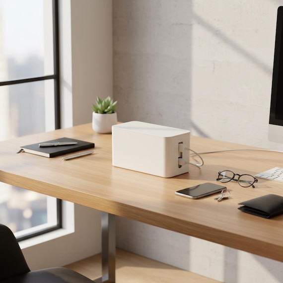 A genuinely beautiful rattan-wrapped wooden box that hides your power strip and cable chaos behind something that looks like it belongs in an interior design magazine.