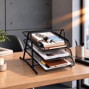 May include: A black metal mesh desk organiser with three tiered trays. The trays hold various items including a smartphone, a small figurine, a notebook, and several documents. The organiser features a sturdy frame and open-sided design for storage.