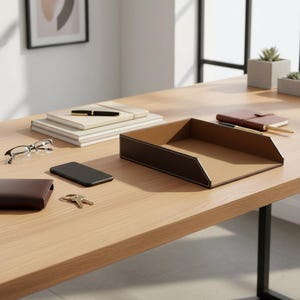 May include: A dark brown leather desk tray with white stitching, featuring an open front design and a tan interior lining. The tray is positioned on a light wood surface alongside a stack of notebooks, a black pen, glasses, a smartphone, and keys.