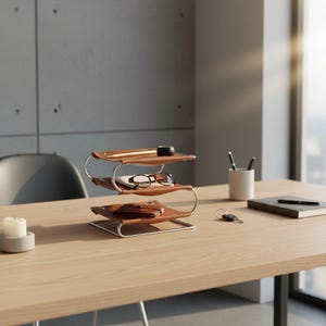Pode incluir: Um organizador de secretária de três níveis com estrutura em metal prateado e tabuleiros em couro castanho. O tabuleiro superior contém uma caneta e um pequeno objeto circular, o central óculos e um caderno, e o inferior uma carteira de couro castanho.