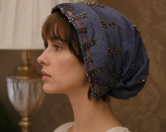 Gorro turbante bordado de lino azul marino para mujer | Gorro tipo pañuelo bohemio vintage | Pañuelo para la cabeza holgado retro hecho a mano, regalo elegante y único