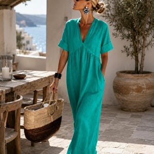 Boho Maxi Dress for Women, Cotton Summer Dress with Pockets, V Neck Loose Fit Long Dress, Beach Vacation Outfit, Casual Resort Wear Green