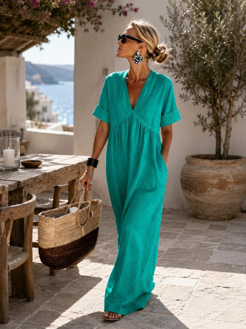 Boho Maxi Dress for Women, Cotton Summer Dress with Pockets, V Neck Loose Fit Long Dress, Beach Vacation Outfit, Casual Resort Wear Green