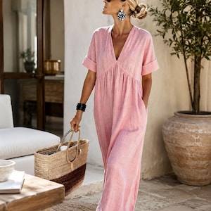 Boho Maxi Dress for Women, Cotton Summer Dress with Pockets, V Neck Loose Fit Long Dress, Beach Vacation Outfit, Casual Resort Wear Pink