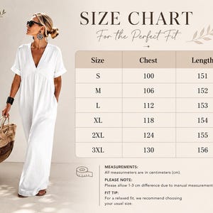 May include: A size chart graphic featuring a white v-neck maxi dress with short sleeves and pockets. The chart lists sizes S through 3XL with corresponding chest and length measurements in centimeters. Text includes SIZE CHART, MEASUREMENTS, and notes.