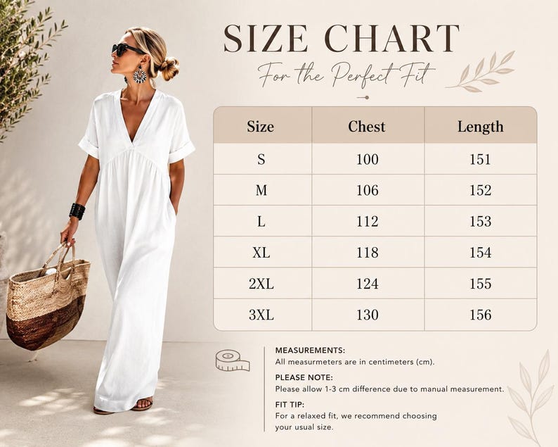 May include: A size chart graphic featuring a white v-neck maxi dress with short sleeves and pockets. The chart lists sizes S through 3XL with corresponding chest and length measurements in centimeters. Text includes SIZE CHART, MEASUREMENTS, and notes.
