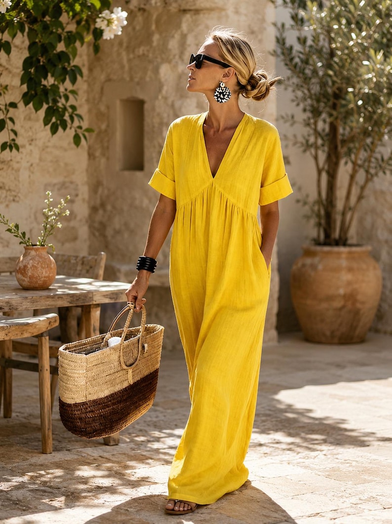 May include: A bright yellow maxi dress with a V-neckline, short cuffed sleeves, and side pockets. The dress is paired with a two-toned woven straw tote bag, black sunglasses, large patterned circular earrings, and a black stacked bangle bracelet.