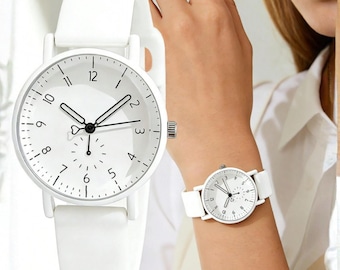 White Silicone Quartz Watch, Minimalist Round Casual Dress Timepiece