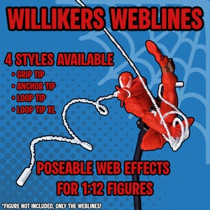 Puede incluir: Efectos de telaraña articulables Willikers Weblines para figuras a escala 1:12. La imagen muestra una figura de acción roja en un soporte negro, sosteniendo líneas de telaraña blancas texturizadas. Texto: Willikers Weblines, 4 Styles Available, Grip Tip, Anchor Tip, Loop Tip, Loop Tip XL, Poseable Web Effects For 1:12 Figures, Figure Not Included, Only The Weblines.