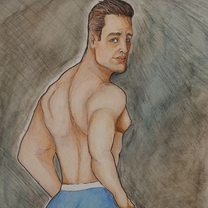 May include: A drawing of a person wearing blue underwear. The person is facing away from the viewer and is looking over their shoulder. The drawing is done in pencil and watercolor.