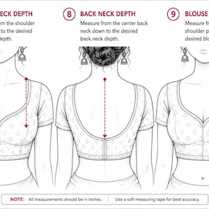 Puede incluir: Un diagrama instructivo en blanco y negro que muestra tres vistas de una blusa. Las etiquetas son 7 FRONT NECK DEPTH, 8 BACK NECK DEPTH y 9 BLOUSE LENGTH. Las flechas indican los puntos de medición. Una nota dice: NOTE: All measurements should be in inches.