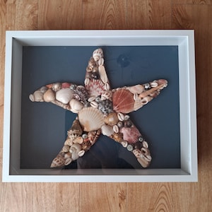 May include: A white shadow box frame containing a large starfish shape composed of various small, multi-colored seashells in shades of white, tan, brown, and pink. The shells are arranged on a dark gray background within the rectangular frame.