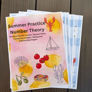 May include: A stack of educational worksheets titled Summer Practice Number Theory. The cover features a pink and yellow watercolor background with illustrations of a lobster, sailboat, tomatoes, a seashell, olives, and a tin of sardines.