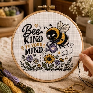 Bumblebee Watering Garden Cross Stitch Pattern – Cottagecore Folk Art (Digital Download)