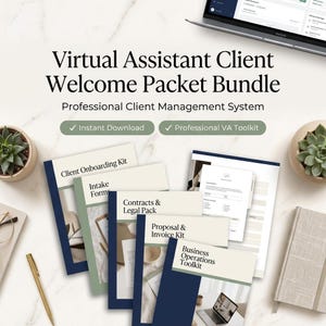 May include: A Virtual Assistant Client Welcome Packet Bundle featuring a professional client management system. The documents include a Client Onboarding Kit, Intake Forms, Contracts & Legal Pack, Proposal & Invoice Kit, and Business Operations Toolkit.