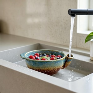 Puede incluir: Un colador de bayas de cerámica con esmalte moteado azul y marrón, que cuenta con un asa lateral y un pico para el flujo de agua. El cuenco está lleno de frambuesas rojas y arándanos oscuros frescos siendo enjuagados bajo un grifo de cocina negro.