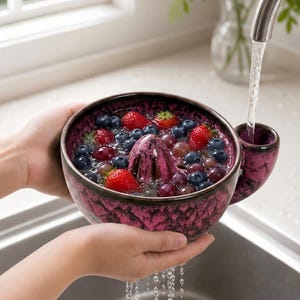 May include: A round, magenta and black speckled ceramic bowl with a central conical reamer and a side spout. The bowl is filled with water, fresh red strawberries, and dark blue blueberries, while water flows from a tap into the side spout.